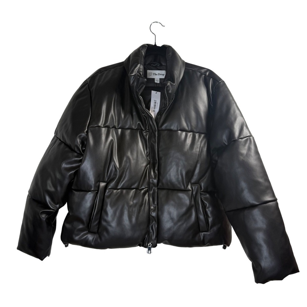 NWT The Drop Women's Vegan Leather Puffer Jacket Black Size L Cropped Zip Up